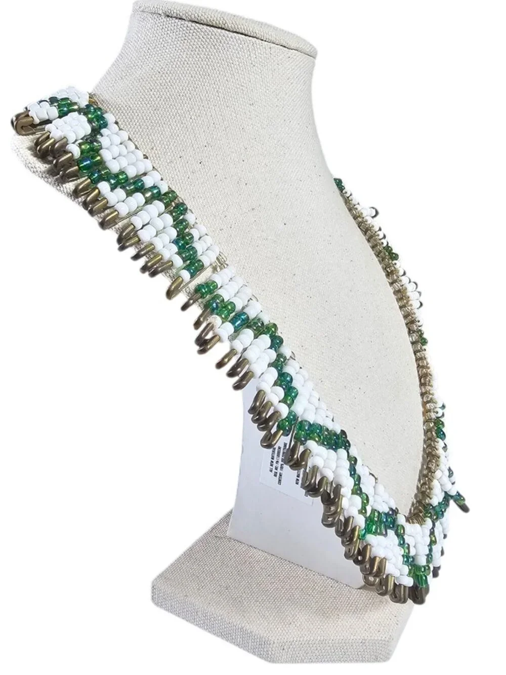 Safety Pin Beaded Necklace 22.5” White Green Glass Beads Statement Boho Tribal